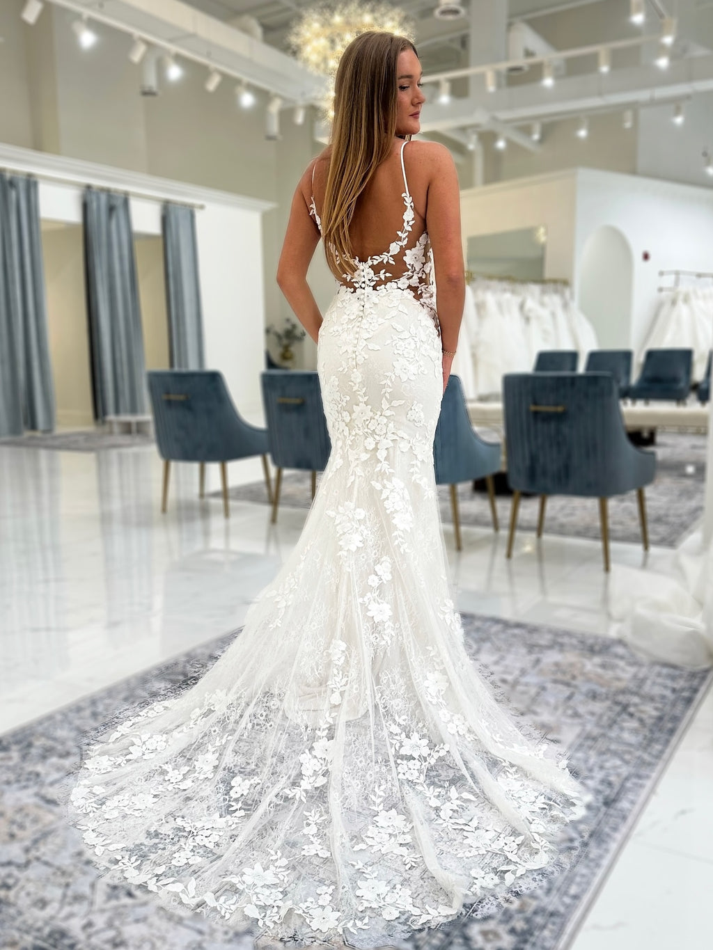 Spaghetti Strap Deep V Neck Floral Applique Mermaid Bridal Dress