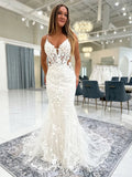 Spaghetti Strap Deep V Neck Floral Applique Mermaid Bridal Dress
