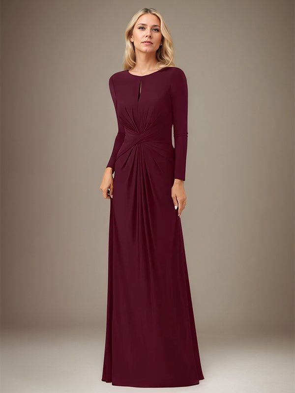 A Line Cabernet Stretch Crepe Scoop Neck Long Sleeves Floor Length Dress
