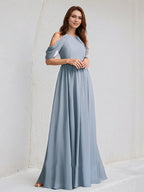 Abito da damigella a linea A in chiffon blu polvere con collo alto e lunghezza fino a terra