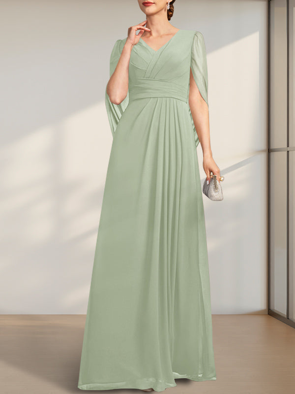 A-Linien V-Ausschnitt bodenlanges Chiffonkleid für die Brautmutter mit Falten