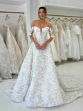 Luxury Full Lace Off-Shoulder 3/4 Sleeves Fitted Corset Bodice Voluminous Skirt Wedding Gown