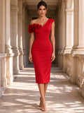 One-Shoulder 3D Floral Appliqué Sheath Midi Dress