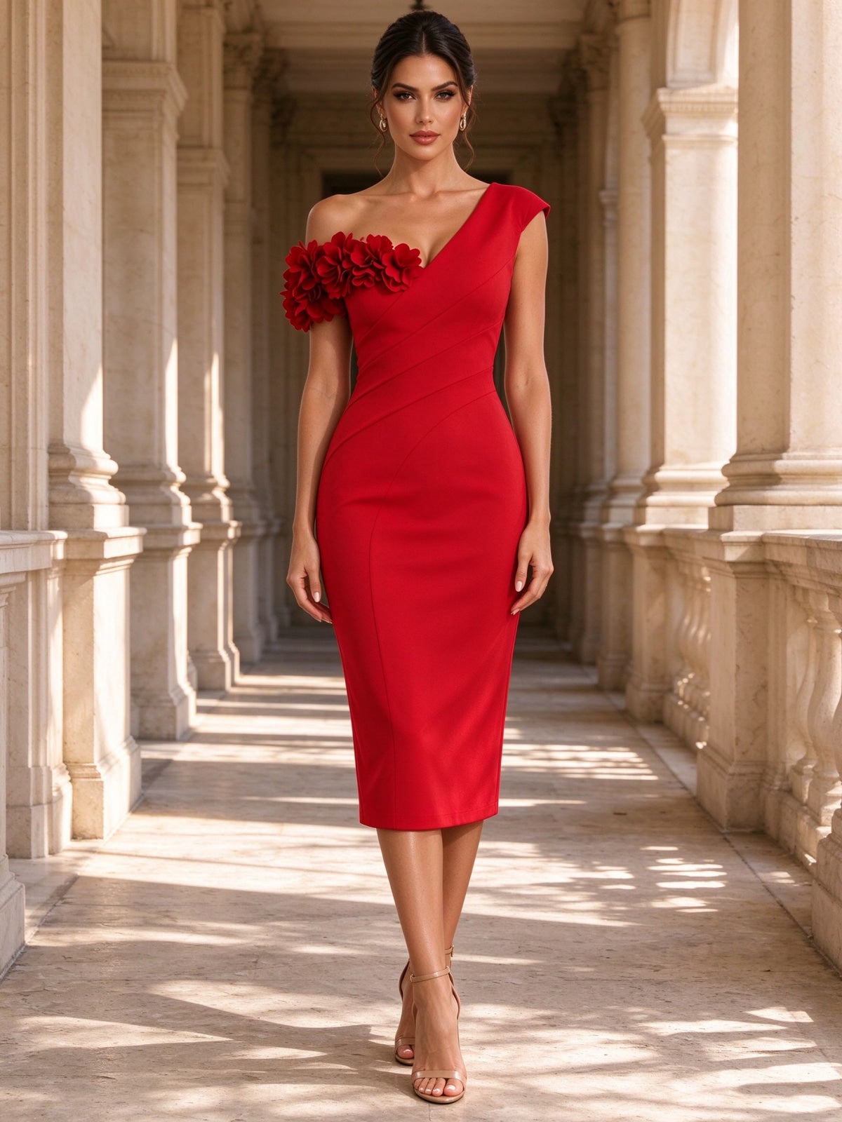 One-Shoulder 3D Floral Appliqué Sheath Midi Dress