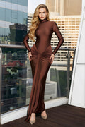 Sleek High-Neck Long Sleeve Draped Floor-Length Evening Gown