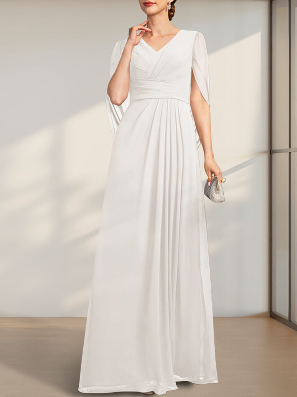 A-Linien V-Ausschnitt bodenlanges Chiffonkleid für die Brautmutter mit Falten