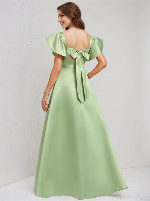 A Line Sage Satin Asymmetrical Neck Floor Length Dress With Ruffle Sleeves