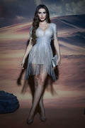 Shimmering Crystal Fringed V-Neck Mini Dress for Elegant Events