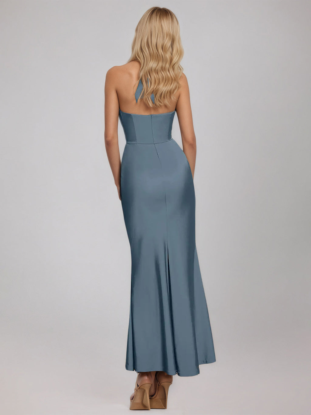 Slate Blue Sheath/Column Satin Halter Sleeveless Ankle Length Dress