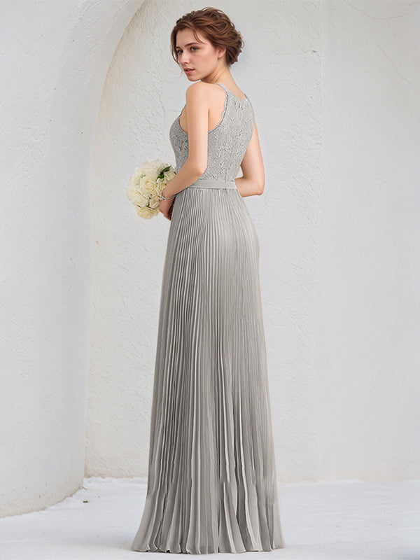 Silbernes A-Linien U-Ausschnitt bodenlanges Spitzen Chiffon Kleid mit Falten