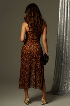 Seductive Animal Print Lace Trim Midi Dress with High Slits