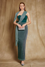 Elegant Corset Bodice Gown with Pleated Skirt and Draped Wrap