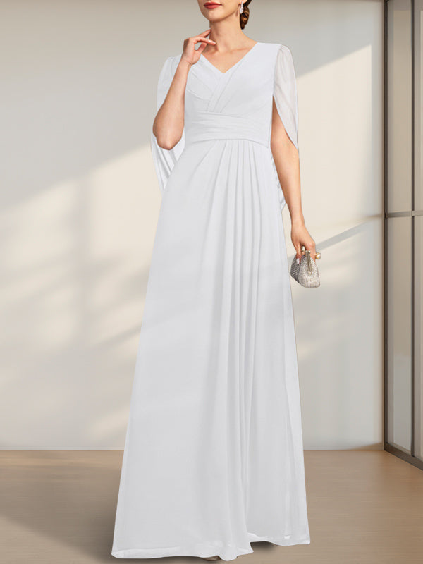 A-Linien V-Ausschnitt bodenlanges Chiffonkleid für die Brautmutter mit Falten