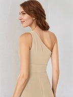 A Line Champagne Chiffon One Shoulder Sleeveless Floor Length Dress