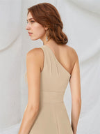 Champagne A Line Chiffon One Shoulder Sleeveless Floor Length Bridesmaid Dresses