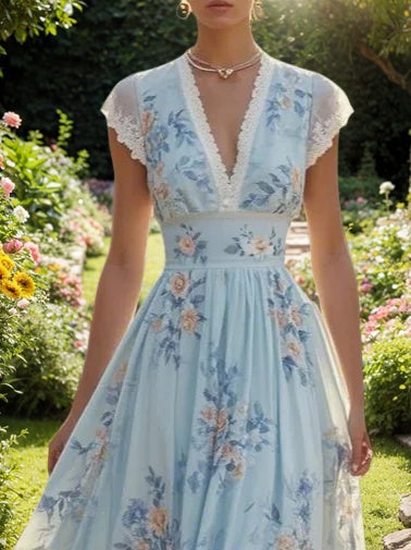 Hellblaues Maxikleid aus Chiffon mit V-Ausschnitt, A-Linie und Imitationsperlen-Blumenverzierung