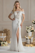 Elegant Off-Shoulder Beaded Corset Evening Gown with Slit