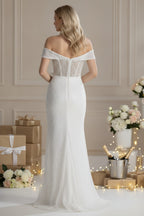 Elegant Off-Shoulder Beaded Corset Evening Gown with Slit