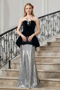 Chic Strapless Velvet Peplum Bodice Sequined Floor-Length Gown