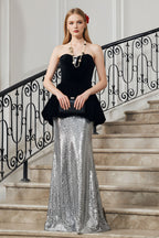 Chic Strapless Velvet Peplum Bodice Sequined Floor-Length Gown
