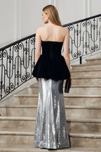 Chic Strapless Velvet Peplum Bodice Sequined Floor-Length Gown