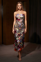 Elegant Floral Embroidered Strapless Midi Party Dress