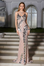 Radiant Mirror Embellished V-Neck Evening Maxi Gown