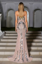Radiant Mirror Embellished V-Neck Evening Maxi Gown