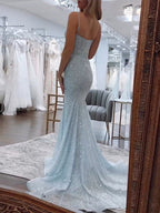 Light Blue Mermaid Spaghetti Straps Long Prom Dress with Beading