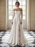 Off-the-Shoulder Lace Sleeve Split A-Line Wedding Dress