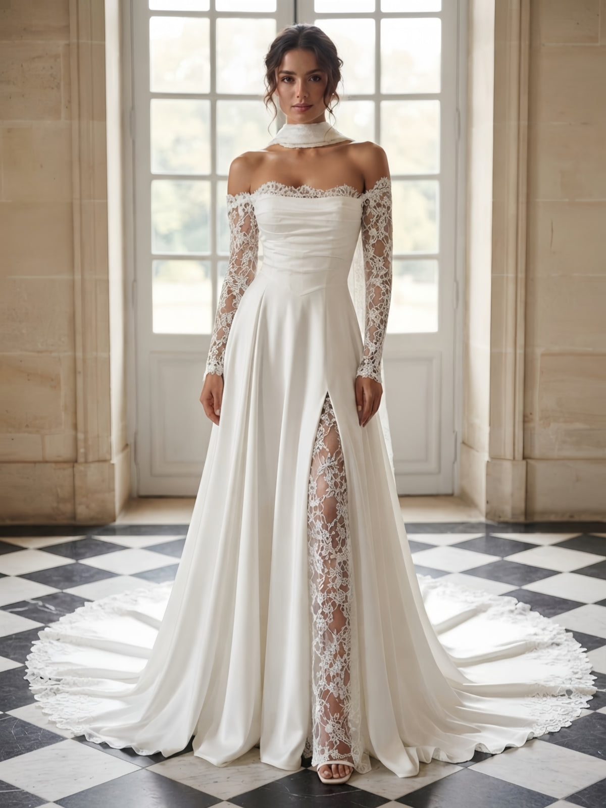 Off-the-Shoulder Lace Sleeve Split A-Line Wedding Dress