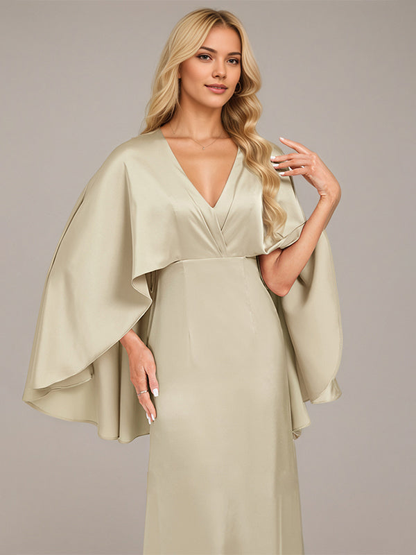 Sand A-Line V-Neck Floor-Length Satin Bridesmaid Dress