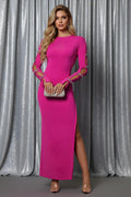 Rhinestone Bow Embellished Ribbed Long Sleeve Evening Gown