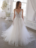 V-Neck Sleeveless Dreamy Tulle A-Line Bridal Wedding Gown