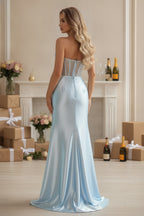 Strapless Corset Evening Gown with High Slit and Ruched Detail