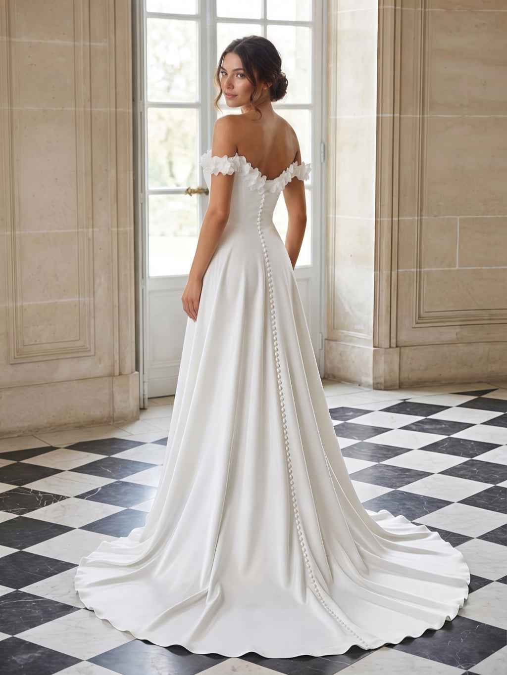Off-the-Shoulder Floral Applique Split A-Line Wedding Dress