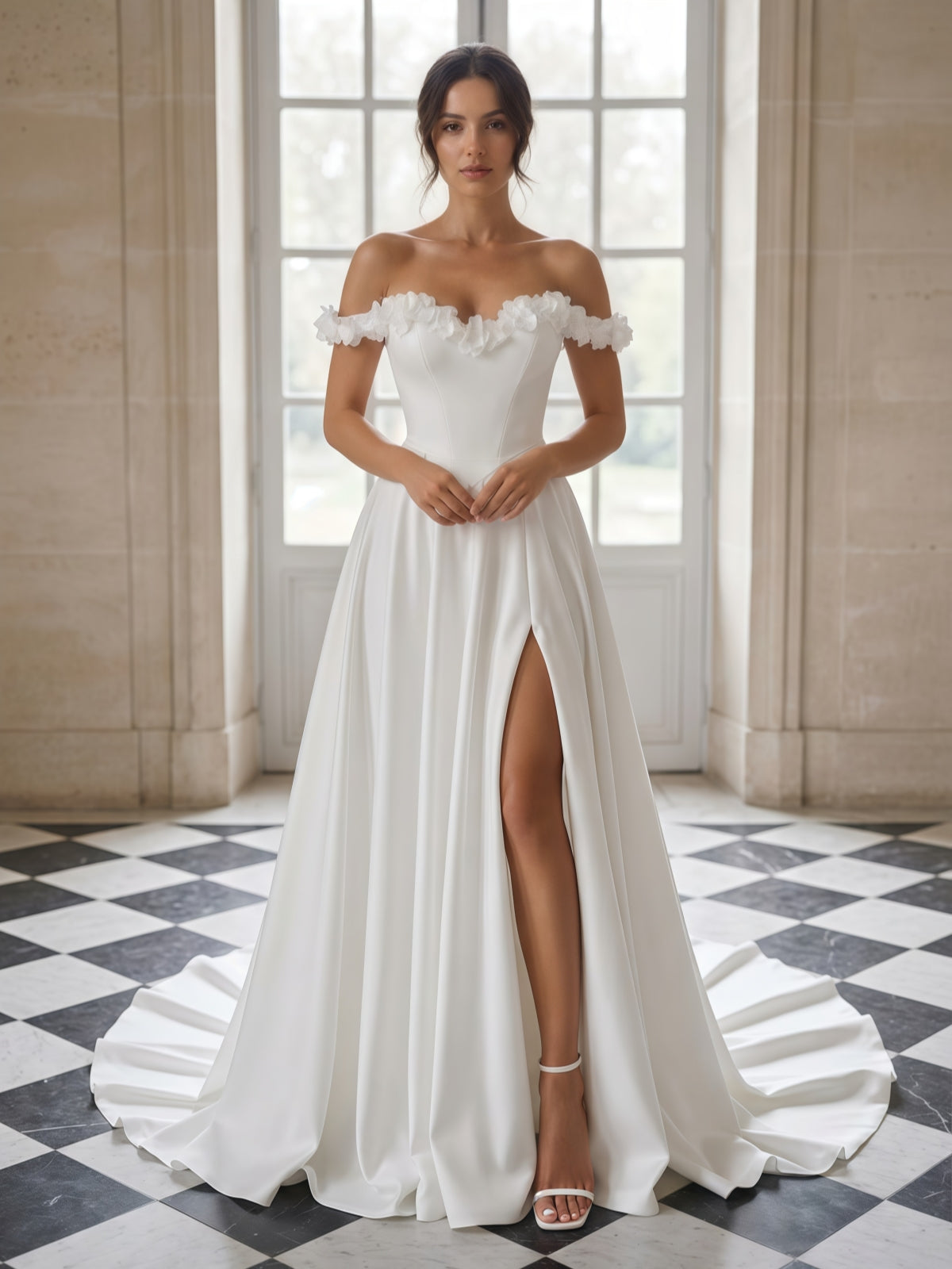 Off-the-Shoulder Floral Applique Split A-Line Wedding Dress