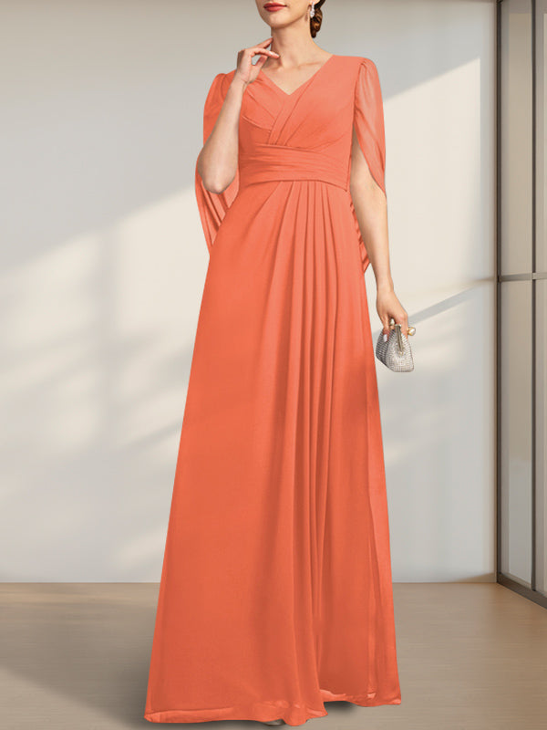 A-Linien V-Ausschnitt bodenlanges Chiffonkleid für die Brautmutter mit Falten