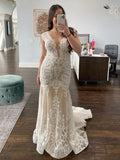 Plunging V-Neck Cap Sleeve Lace Mermaid Wedding Dress
