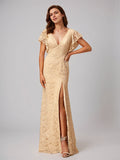 Champagne A-Line V-Neck Floor-Length Lace Bridesmaid Dress