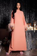 High-Neck Evening Gown with Feather Trimmed Sleeves