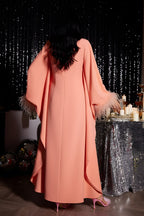 High-Neck Evening Gown with Feather Trimmed Sleeves