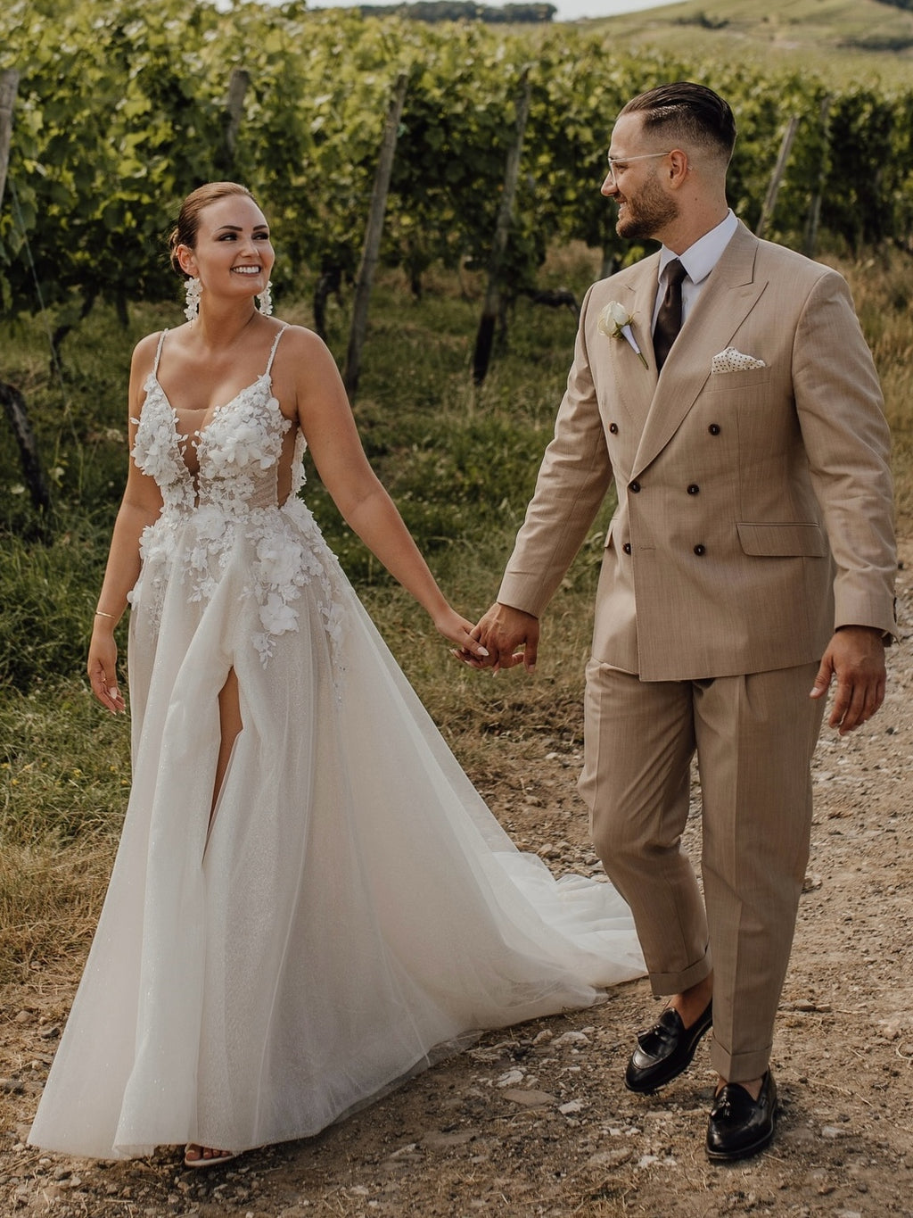 Boho Thin Strap 3D Flower Open Back Tulle Bridal Gown With Leg Slit