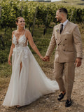 Boho Thin Strap 3D Flower Open Back Tulle Bridal Gown With Leg Slit