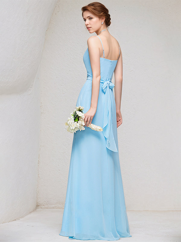 Sky Blue A-Line Cowl Floor-Length Chiffon Bridesmaid Dress With Ruffle