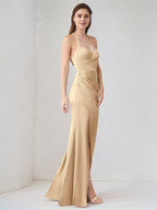 Champagner Satin Spaghetti-Träger ärmelloses bodenlanges Kleid mit hohem Schlitz