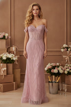 Off-Shoulder Beaded Corset Evening Gown with Swirling Details