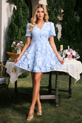 Elegant V-Neck Puff Sleeve Floral Applique Mini Dress
