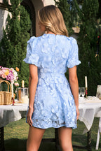 Elegant V-Neck Puff Sleeve Floral Applique Mini Dress