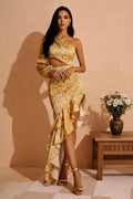 One-Shoulder Floral Print Cutout Ruffle Hem Midi Dress